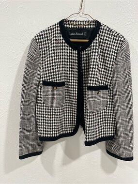 Louis Feraud Black & White Houndstooth Cropped Jacket Blazer Size 14